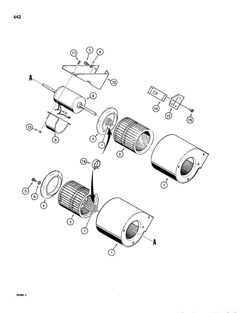 Схема запчастей Case 1150D - (442) - CAB BLOWER - INSIDE CAB ROOF (09) - CHASSIS/ATTACHMENTS