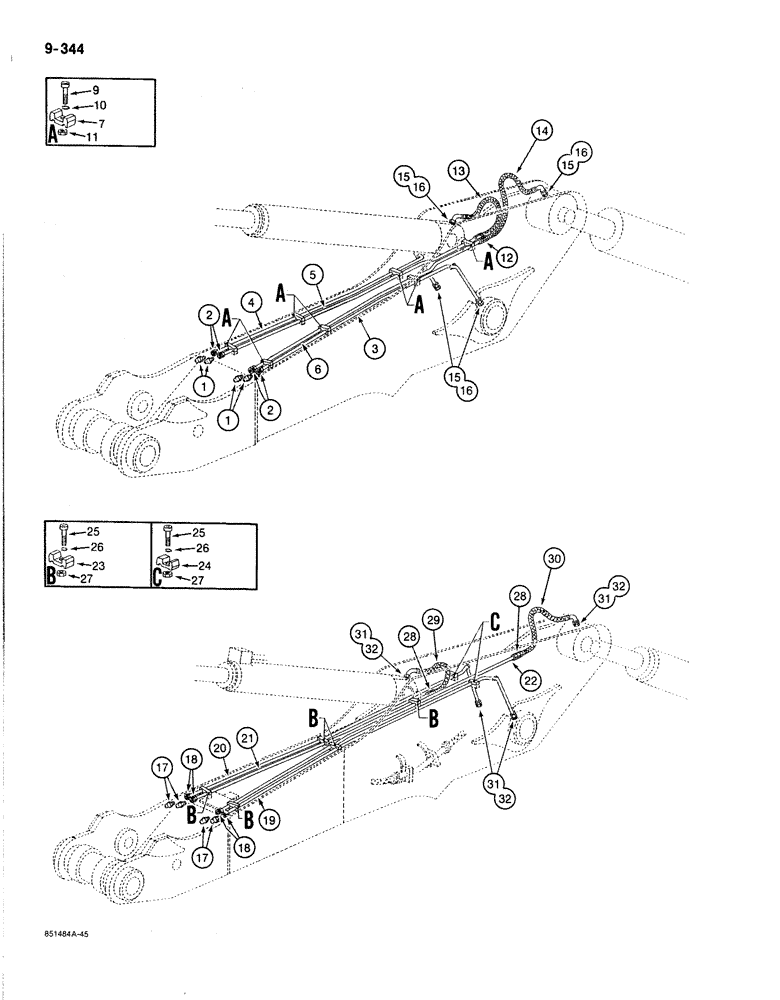 Схема запчастей Case 170B - (9-344) - ARM LUBRICATION LINES, P.I.N. 74341 THRU 74456,USED ON UNITS W/ 2.5 M ARM (09) - CHASSIS