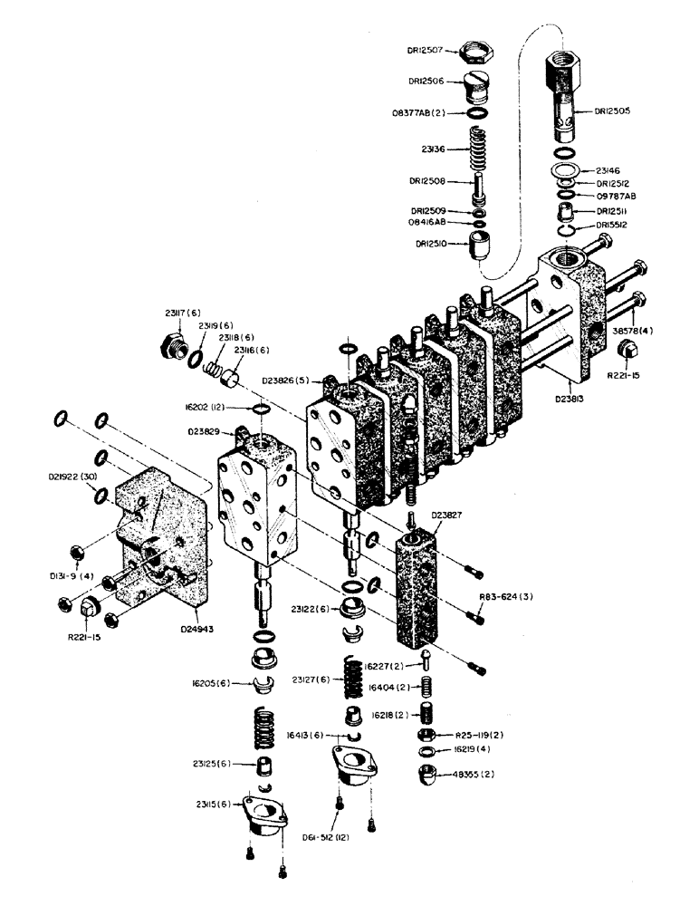 Схема запчастей Case 310 - (48) - D24433 BACKHOE HYDRAULIC CONTROL VALVE, (USED ON MODELS WITH HIGH PRESSURE CARRY-OVER LINE) 