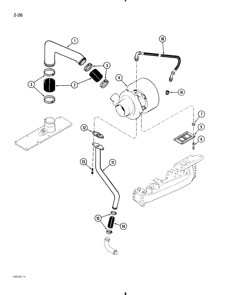 Схема запчастей Case 580K - (2-026) - TURBOCHARGER SYSTEM, 4T-390 ENGINE (02) - ENGINE