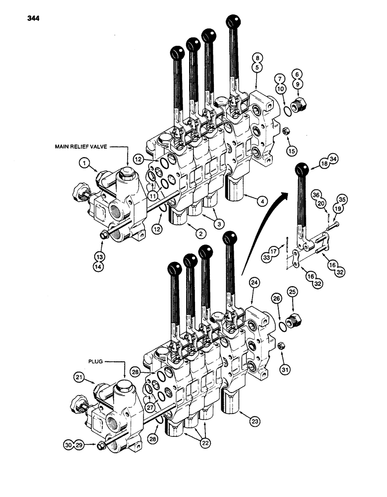 Схема запчастей Case 480D - (344) - THREE-POINT HITCH CONTROL VALVES, FOUR AND FIVE SPOOL VALVE ASSY. D99475 & D99490 CONTROL VALVES (35) - HYDRAULIC SYSTEMS