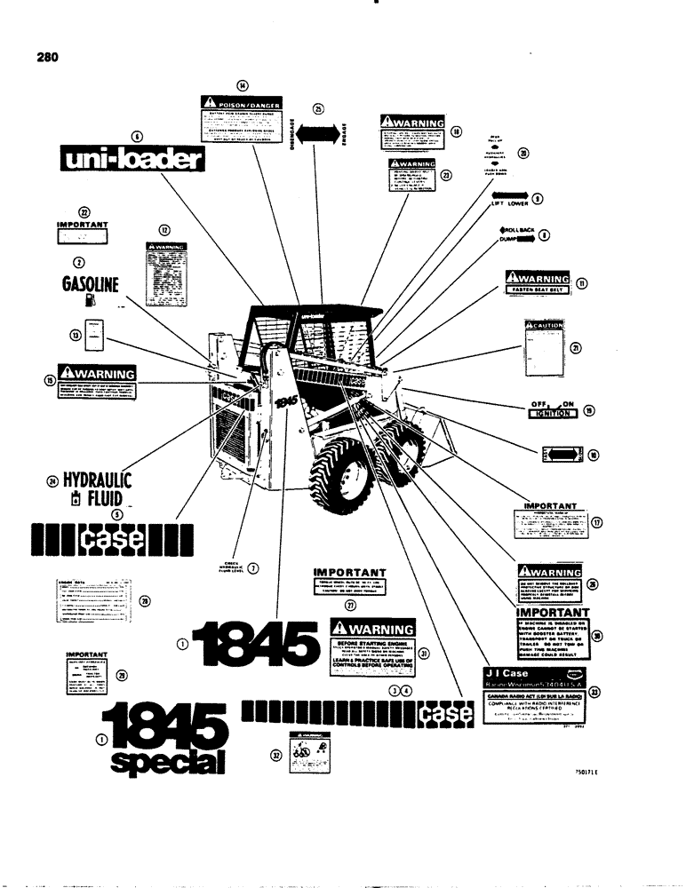 Схема запчастей Case 1845S - (280) - DECALS - GASOLINE MODELS, USED BEFORE TRACTOR SN 9842113 (90) - PLATFORM, CAB, BODYWORK AND DECALS