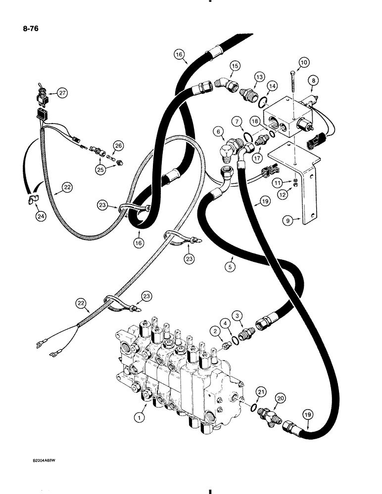 Схема запчастей Case 580K - (8-076) - BACKHOE BOOM LOCK, HYDRAULIC AND ELECTRICAL CIRCUIT (08) - HYDRAULICS