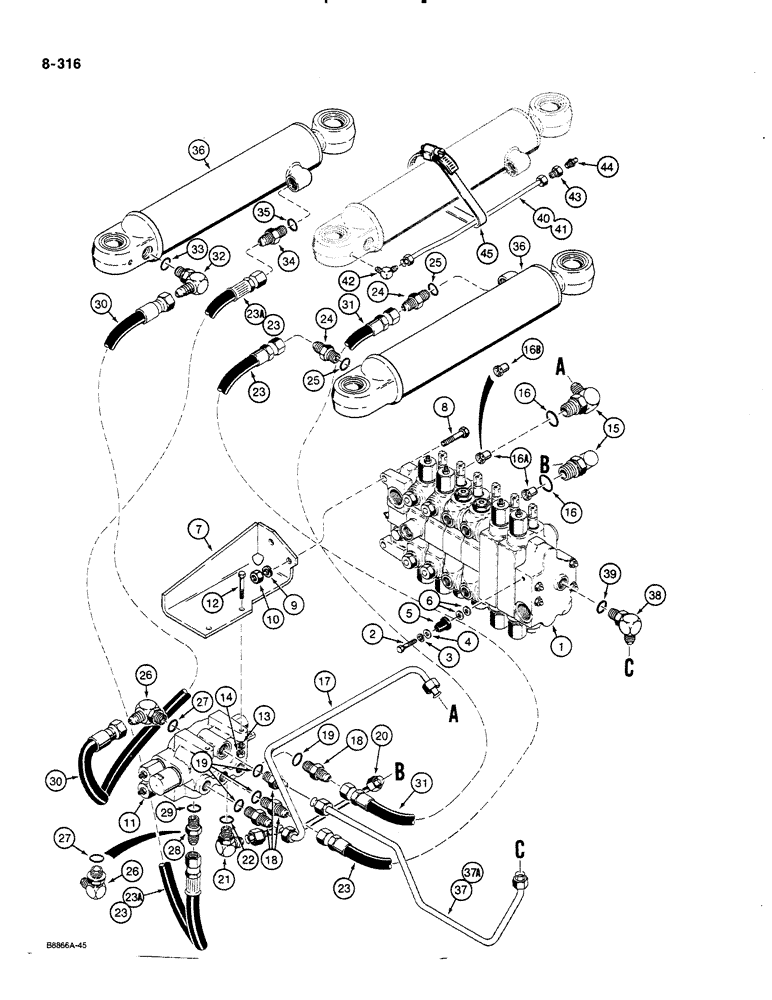 Схема запчастей Case 580K - (08-316) - BACKHOE SWING CYLINDER AND SWING SEQUENCE VALVE HYDRAULIC CIRCUIT (08) - HYDRAULICS