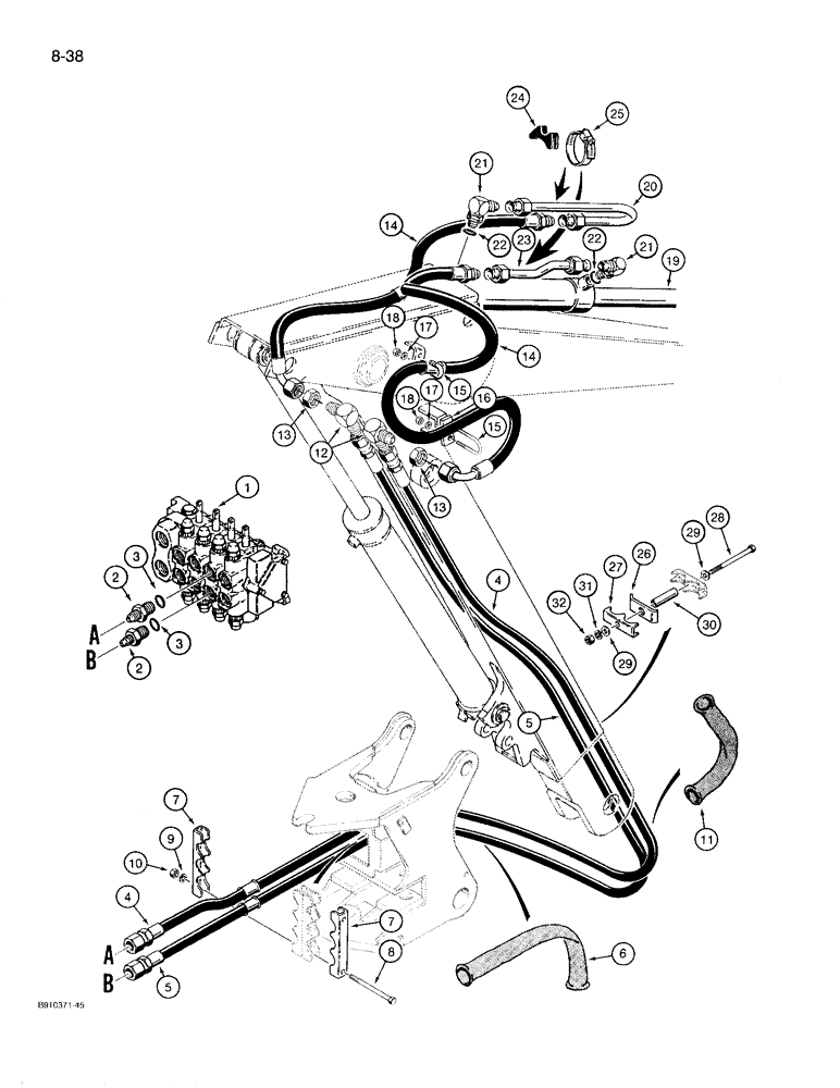 Схема запчастей Case 780D - (8-038) - BACKHOE BUCKET CYLINDER HYDRAULIC CIRCUIT, P.I.N. JJG0071751 & AFT (08) - HYDRAULICS