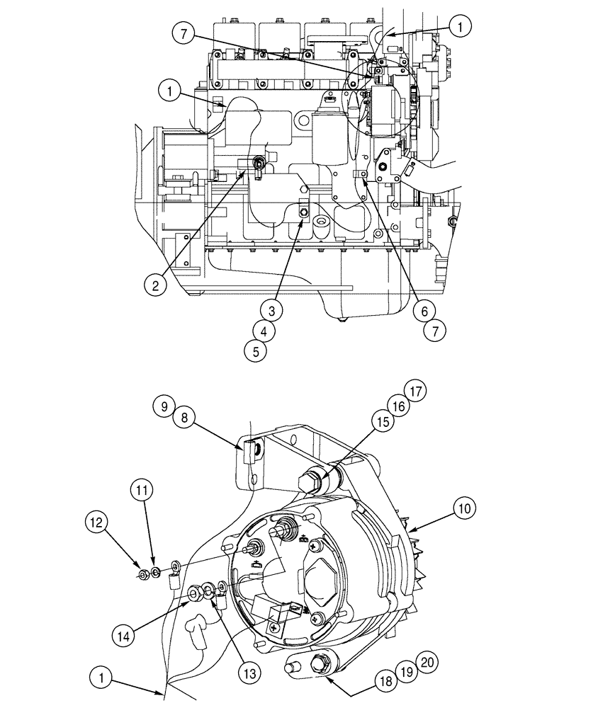 Схема запчастей Case 550H - (4-09) - HARNESS, FRONT - ALTERNATOR, ENGINE RIGHT HAND SIDE AND ALTERNATOR MOUNTING (04) - ELECTRICAL SYSTEMS