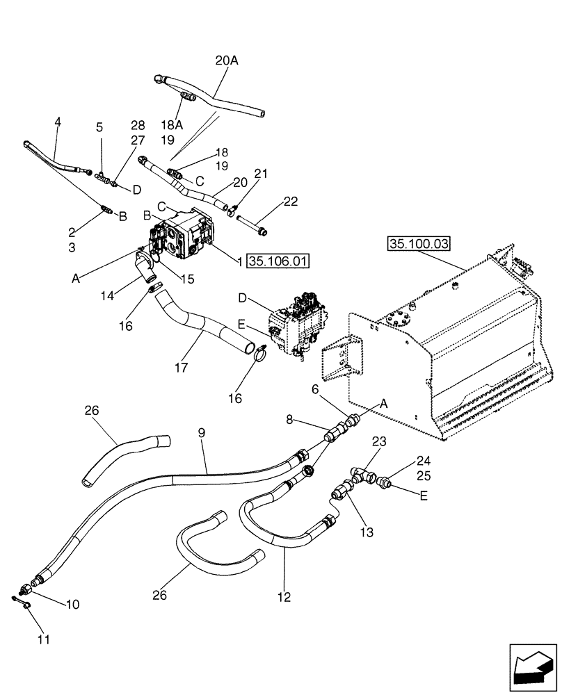 Схема запчастей Case 580SM - (35.726.01) - HYDRAULICS - VARIABLE VOLUME PUMP TO BACKHOE VALVE AND LOADER VALVE (580SM+) (35) - HYDRAULIC SYSTEMS