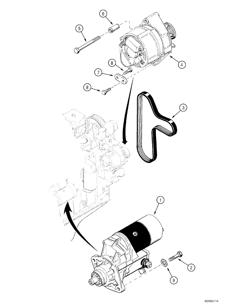 Схема запчастей Case 590SM - (04-03) - STARTER MOUNTING - ALTERNATOR MOUNTING (04) - ELECTRICAL SYSTEMS