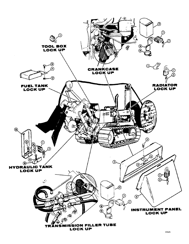 Схема запчастей Case 475 - (132) - LOCK UP PARTS, PADLOCK AND KEY (90) - PLATFORM, CAB, BODYWORK AND DECALS