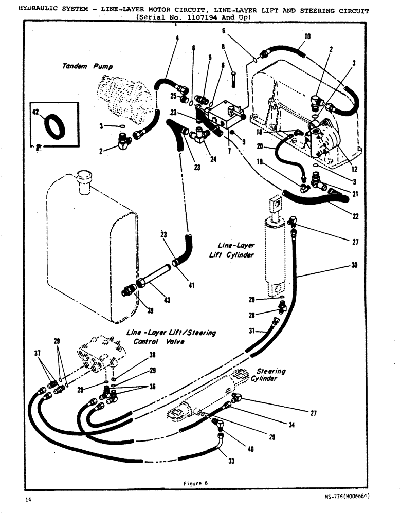 Схема запчастей Case P63 - (14) - HYD SYS, LINE-LAYER MOTOR CIRCUIT, LINE-LAYER LIFT & STEERING CIRCUIT (SERIAL NO. 1107194 & UP) 