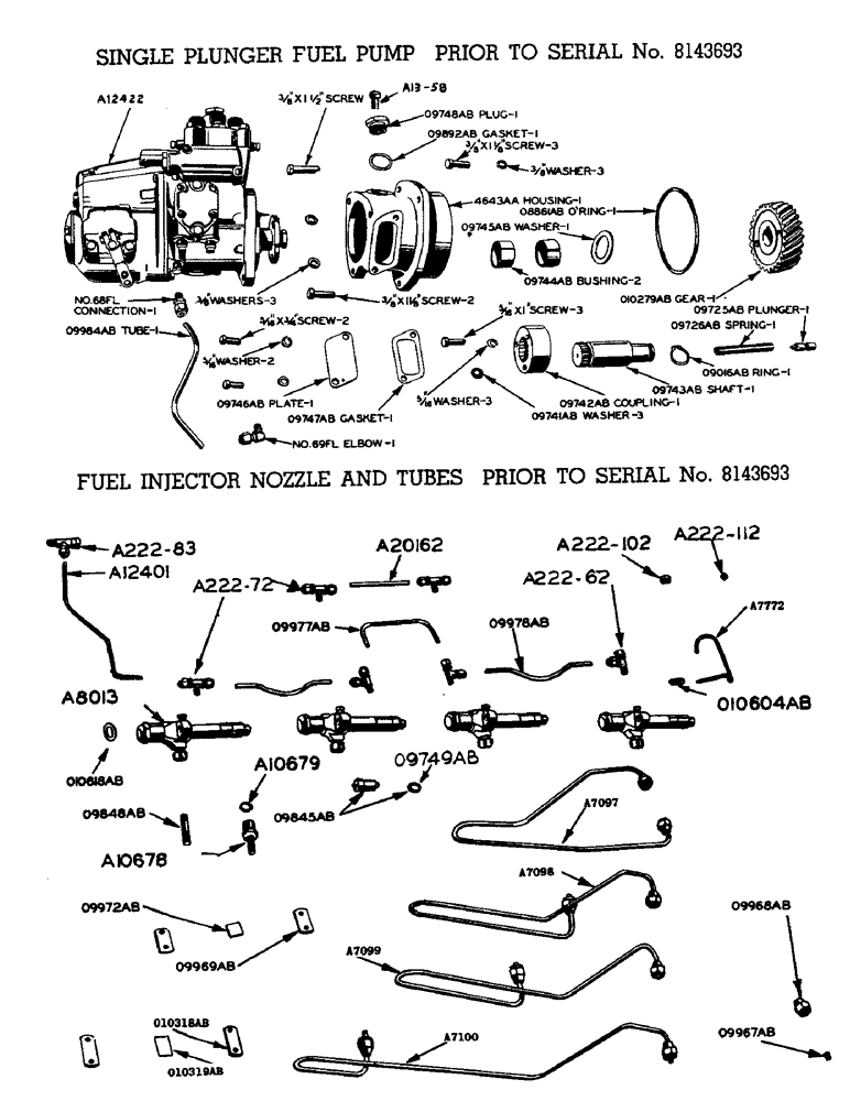 Схема запчастей Case W9 - (018) - DIESEL ENGINE, SINGLE PLUNGER FUEL PUMP PRIOR TO SERIAL NO. 8143693 (02) - ENGINE