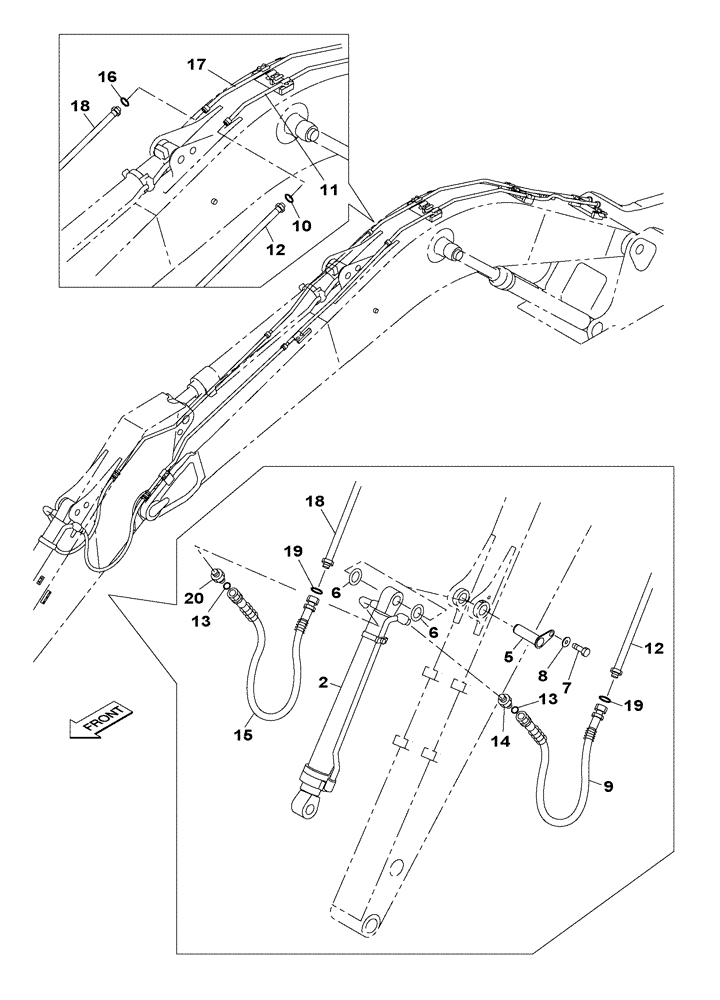 Схема запчастей Case CX300C - (08-020-00[01]) - HYDRAULIC CIRCUIT - BUCKET CYLINDER - DIPPER 2.65 M (08) - HYDRAULICS