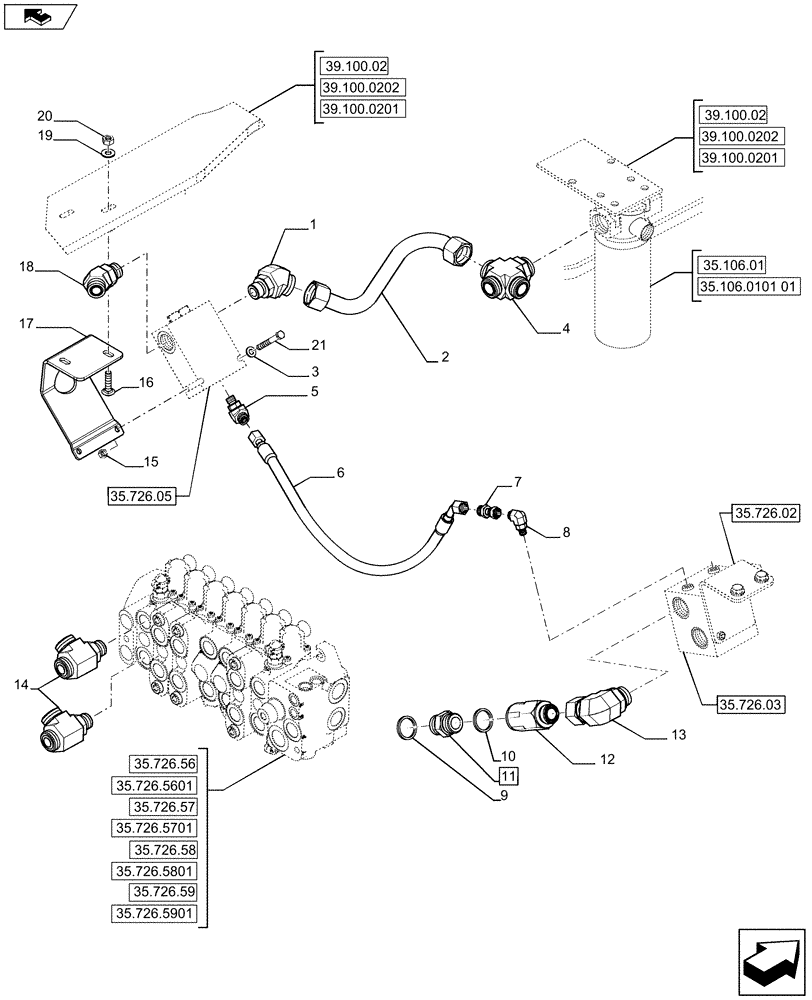 Схема запчастей Case 580SN WT - (35.726.04) - VAR - 423083 - VALVE INSTALL - BACKHOE CONTROL, DUAL AUXILIARY (PILOT CONTROLS) VARIABLE VALVE PUMP (35) - HYDRAULIC SYSTEMS