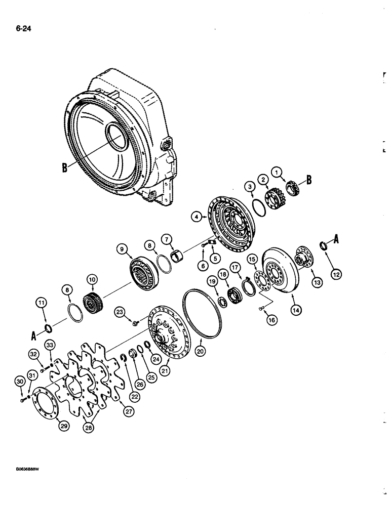 Схема запчастей Case 680L - (6-24) - TRANSMISSION IMPELLER, TURBINE, AND FLEX PLATE, TWO WHEEL AND FOUR WHEEL DRIVE MODELS (06) - POWER TRAIN