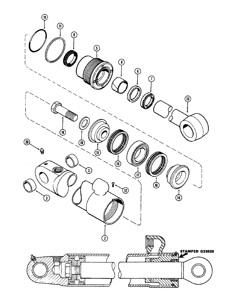 Схема запчастей Case 680CK - (264) - G33828 BACKHOE STABILIZER CYL., 4" DIA. CYL. WITH 21 3/8" STROKE, GLAND WITH CENTER BEARING (35) - HYDRAULIC SYSTEMS