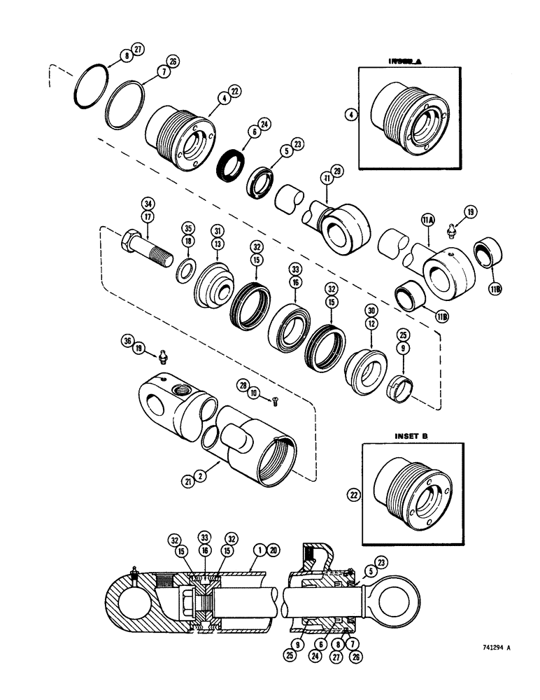 Схема запчастей Case 26B - (102) - G33413, G33414, G35002 AND G35003 LOADER TILT CYLINDERS GLAND HAS IDENTIFICATION RING 