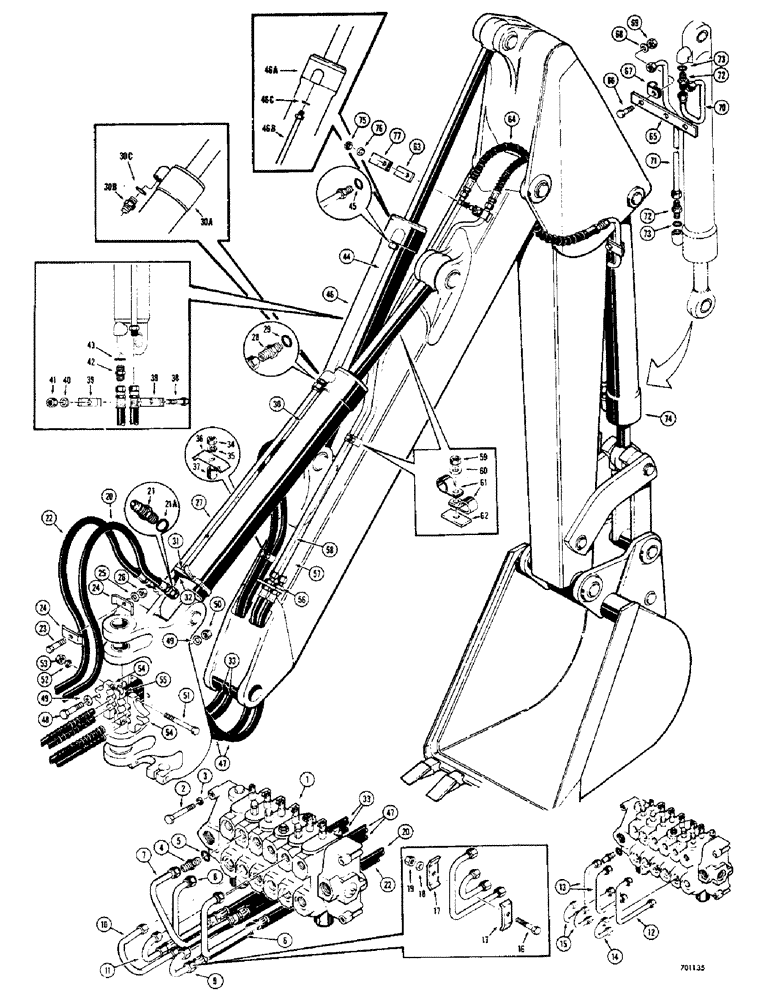 Схема запчастей Case 33 - (138) - BOOM, CROWD AND BUCKET CYLINDER HYDRAULICS, (USED BEFORE BACKHOE SN 4171636) 