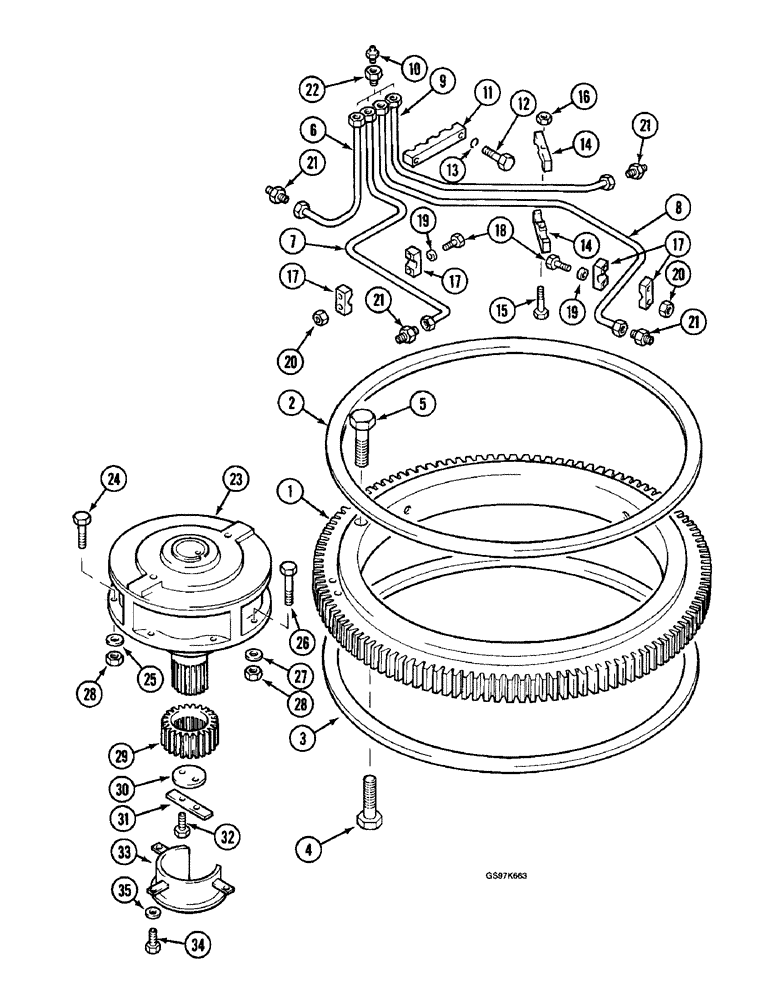 Схема запчастей Case 220B - (9-004) - TURNTABLE BEARING AND LUBRICATION LINES, P.I.N. 74595 THRU 74597, P.I.N. 03201 AND AFTER (09) - CHASSIS