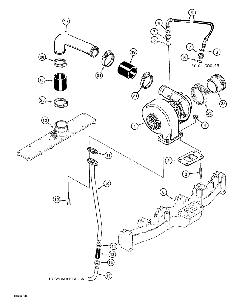 Схема запчастей Case 9030B - (2-28) - TURBOCHARGER SYSTEM, 6T-590 ENGINE, PRIOR TO P.I.N. DAC03#2001 (02) - ENGINE