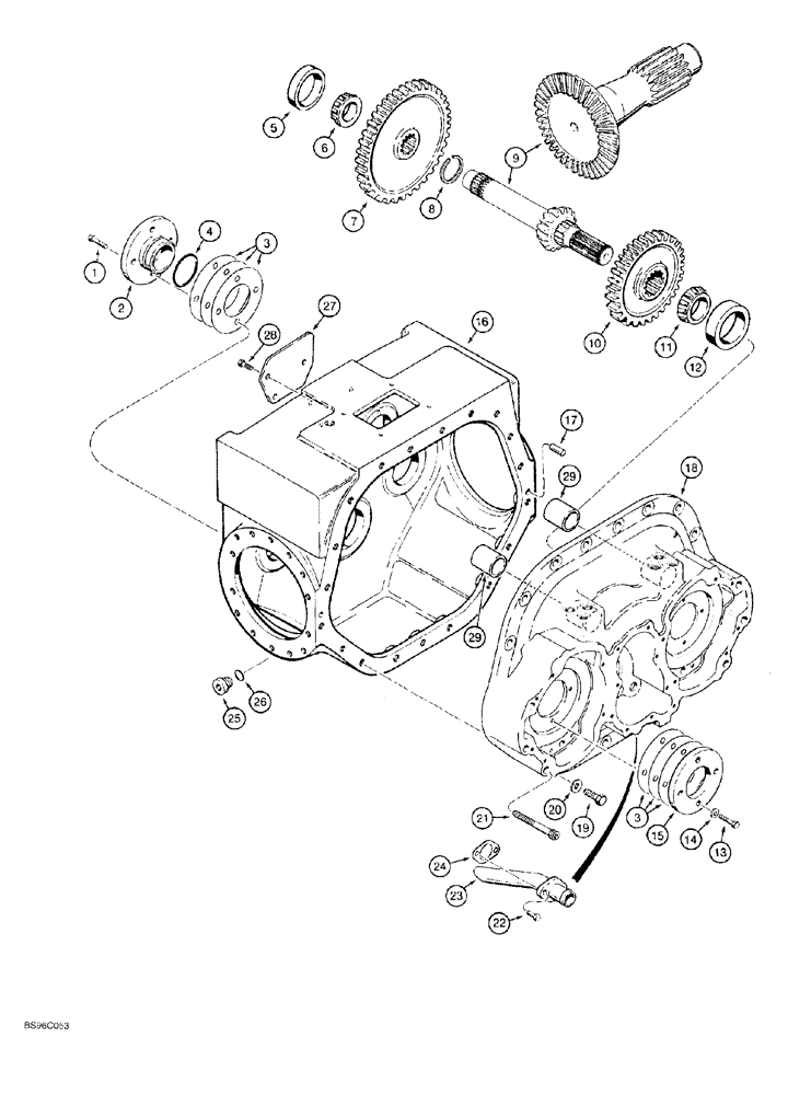 Схема запчастей Case 550G - (6-08) - TRANSMISSION ASSEMBLY, HOUSING, BEVEL PINION SHAFT AND GEAR (03) - TRANSMISSION