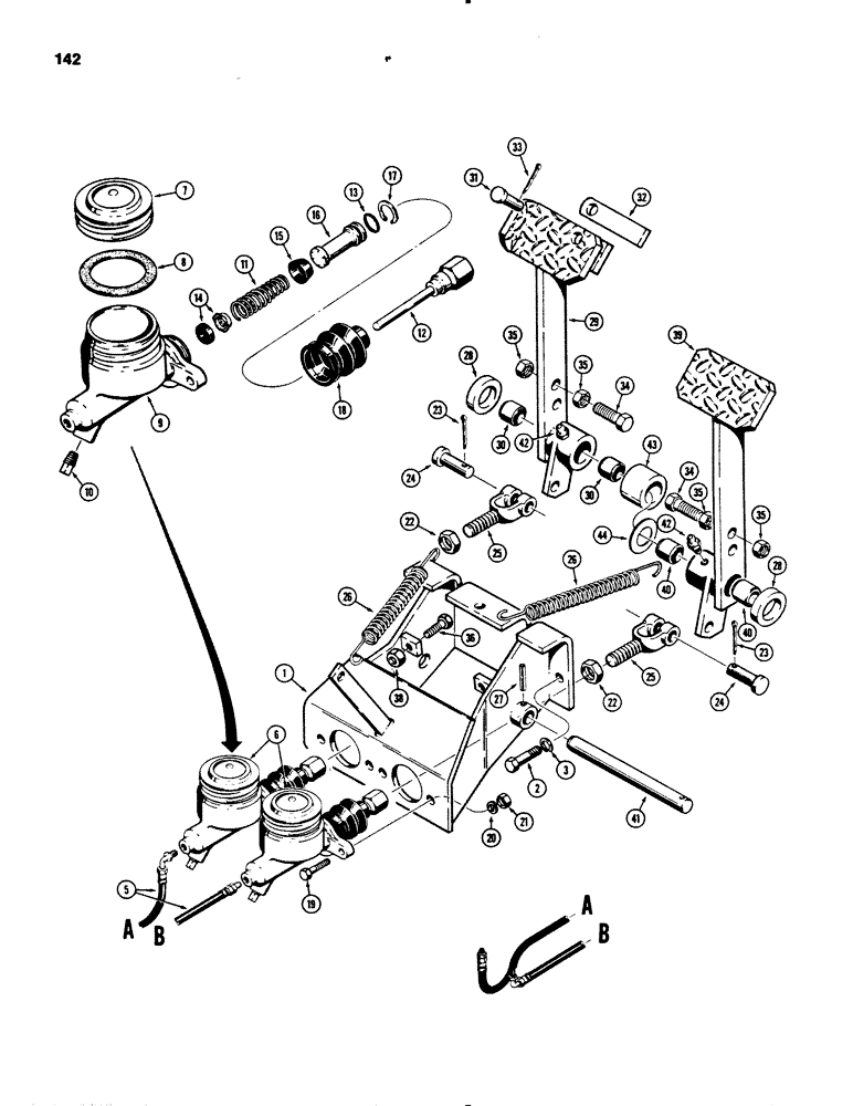 Схема запчастей Case 455B - (142) - BRAKE PEDALS AND MASTER CYLINDERS (04) - UNDERCARRIAGE