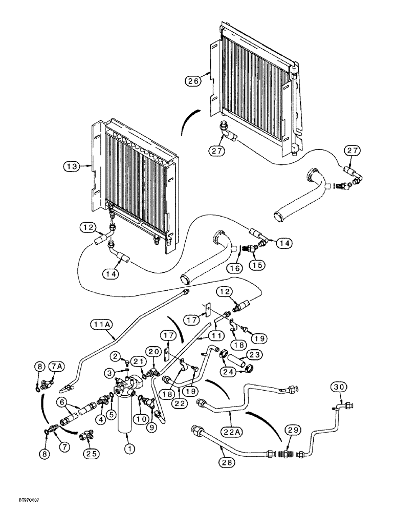 Схема запчастей Case 590L - (8-008) - EQUIPMENT HYDRAULIC SYSTEM, OIL COOLER LINES, RETURN LINES AND FILTER (08) - HYDRAULICS