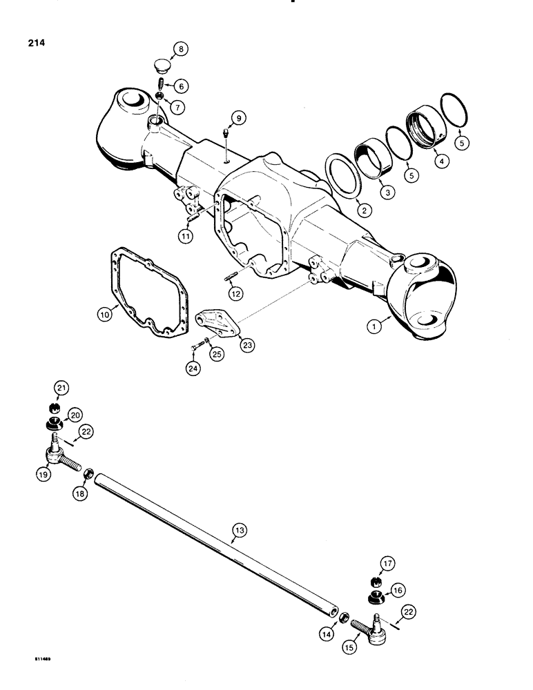 Схема запчастей Case 580E - (214) - FRONT DRIVE AXLE, HOUSING AND TIE ROD (06) - POWER TRAIN