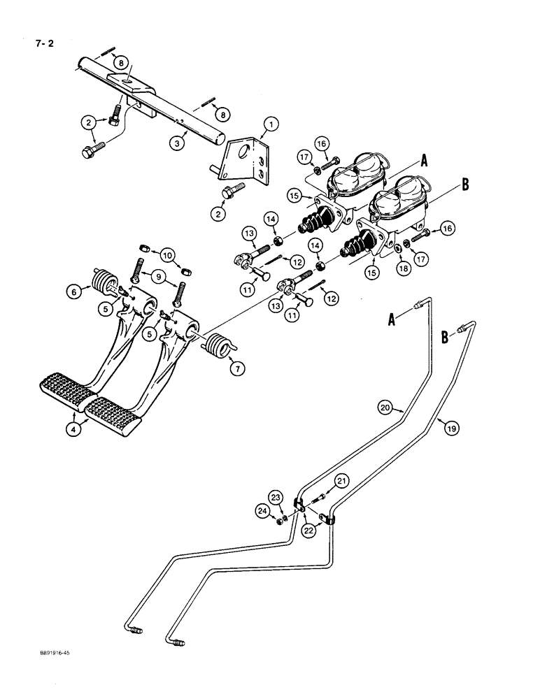 Схема запчастей Case 550 - (7-02) - BRAKE PEDALS, MASTER CYLINDERS, AND, LINES TO TRANSMISSION CONTROL VALVE (07) - BRAKES