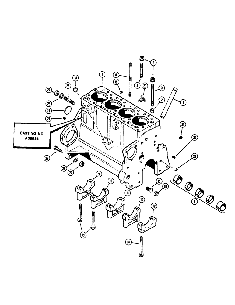 Схема запчастей Case 480CK - (009A) - CYLINDER BLOCK ASSEMBLY, (188) DIESEL ENGINE, USED ENGINE SERIAL NUMBERS 2656844 TO 2679761 