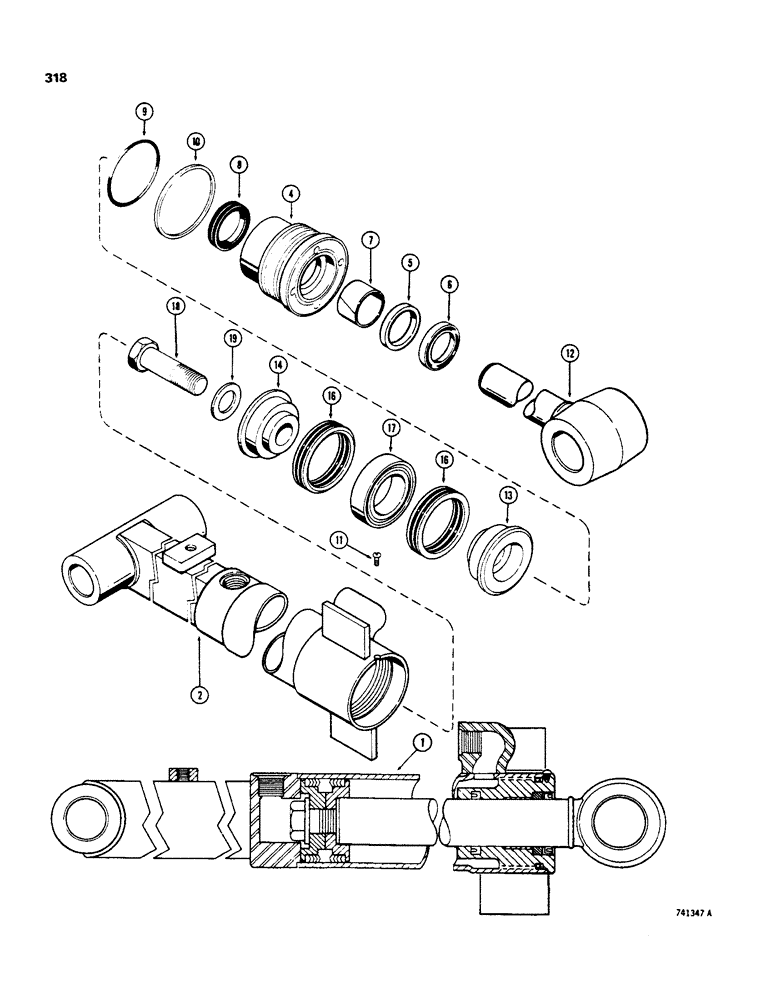 Схема запчастей Case 35 - (318) - G33142 BACKHOE DIPPER EXTENSION CYLINDER, WITH TWO PIECE PISTON 