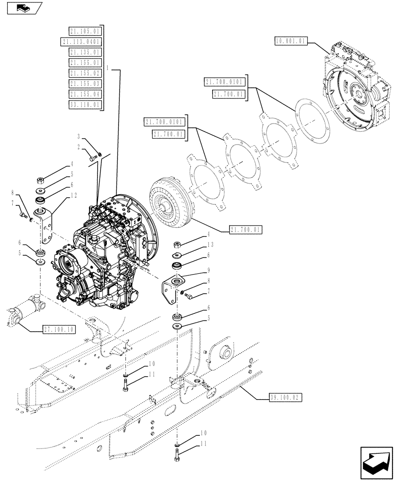 Схема запчастей Case 590SN - (21.113.0101) - VAR - 423061 - POWERSHIFT S-TYPE - MOUNTING - 4WD (21) - TRANSMISSION