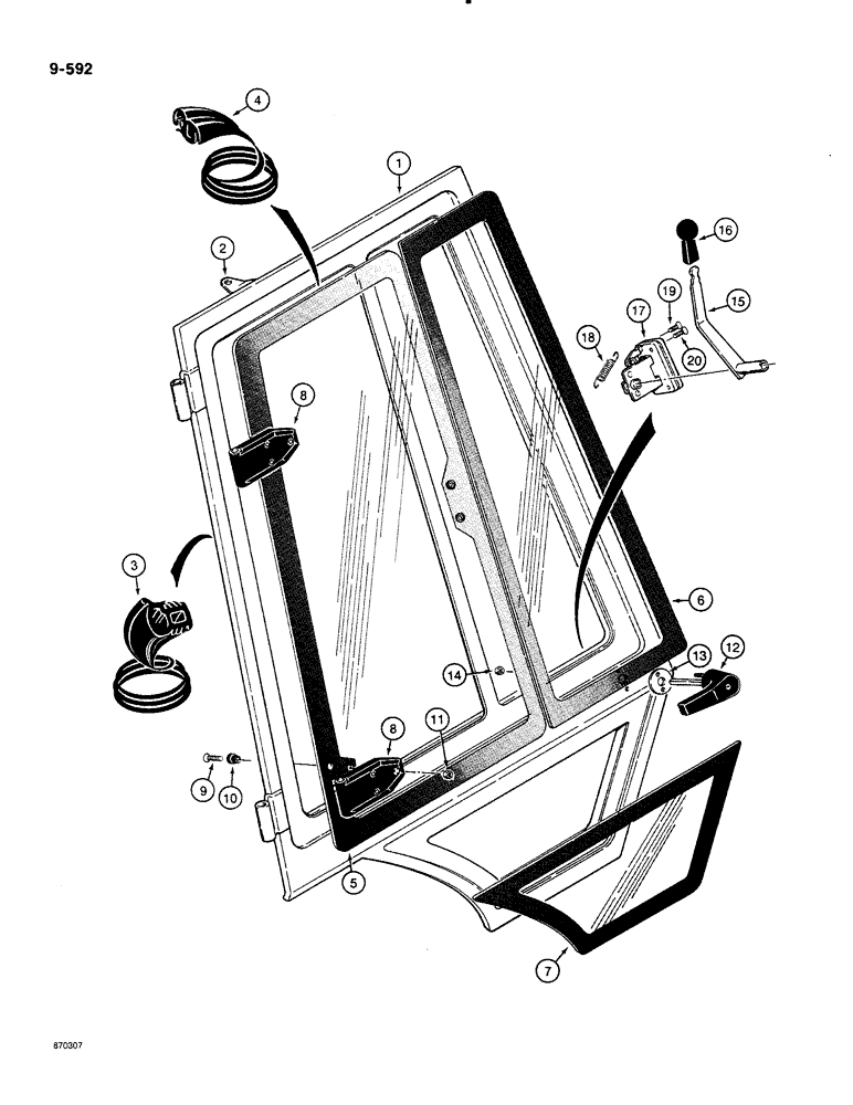 Схема запчастей Case 580K - (09-592) - LEFT-HAND AND RIGHT-HAND CAB DOORS - EXTERIOR, WITH LEVER TYPE LATCHES ON DOOR WINDOWS (09) - CHASSIS/ATTACHMENTS