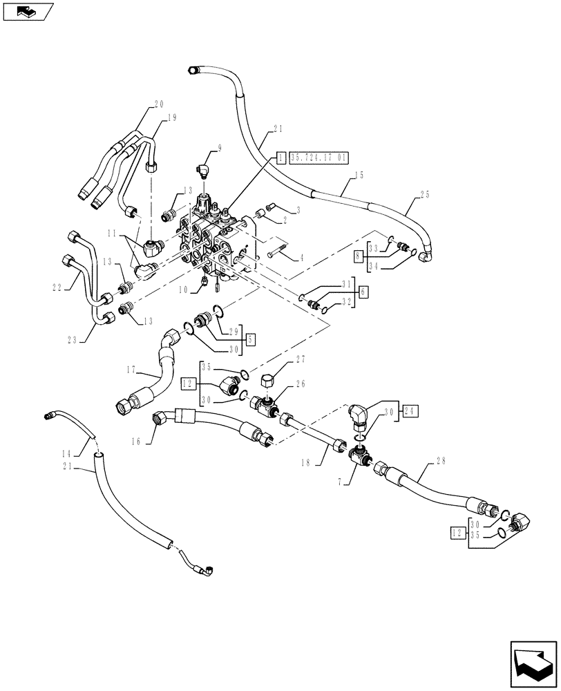 Схема запчастей Case 590SN - (35.701.09) - VAR - 747864 - HYDRAULICS - VALVE, LOADER CONTROL - 3 SPOOL, VALVE PILOT CONTROLS (35) - HYDRAULIC SYSTEMS