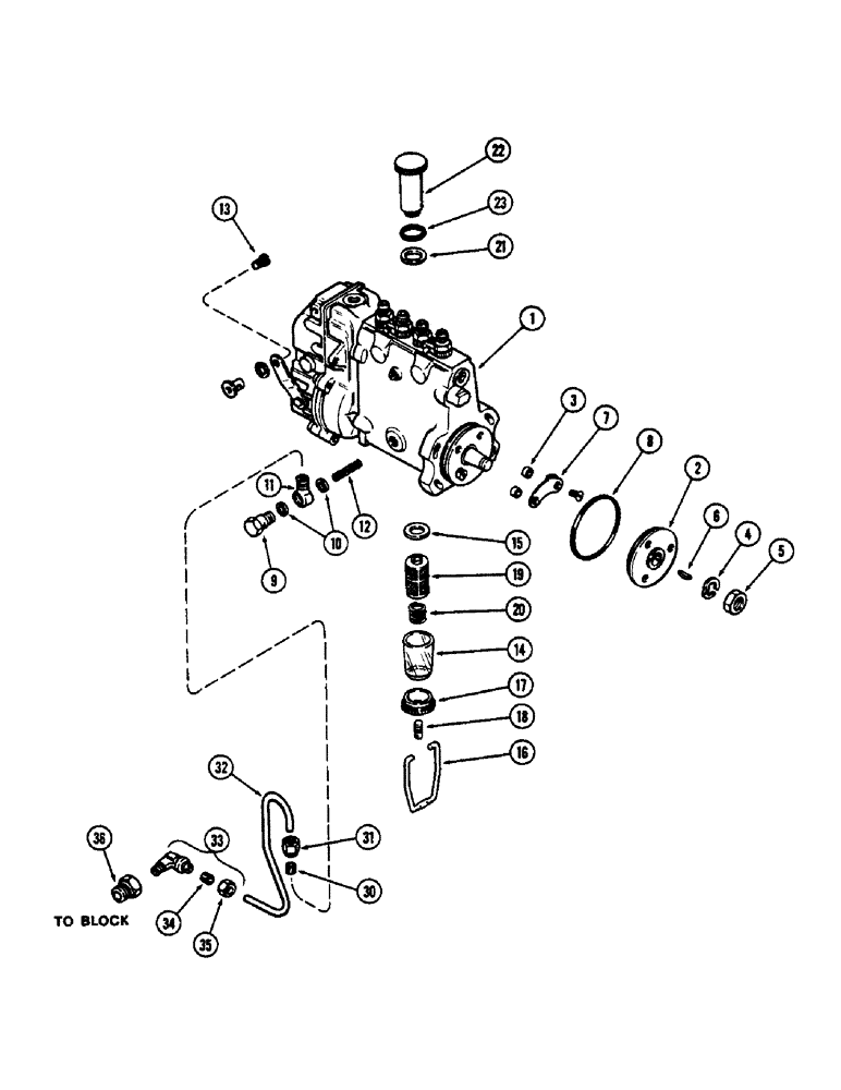 Схема запчастей Case 825 - (054) - A65047 INJECTION PUMP, (336BDT) DIESEL ENGINE, WITH LUBE TUBE ON INSIDE OF PUMP (02) - FUEL SYSTEM