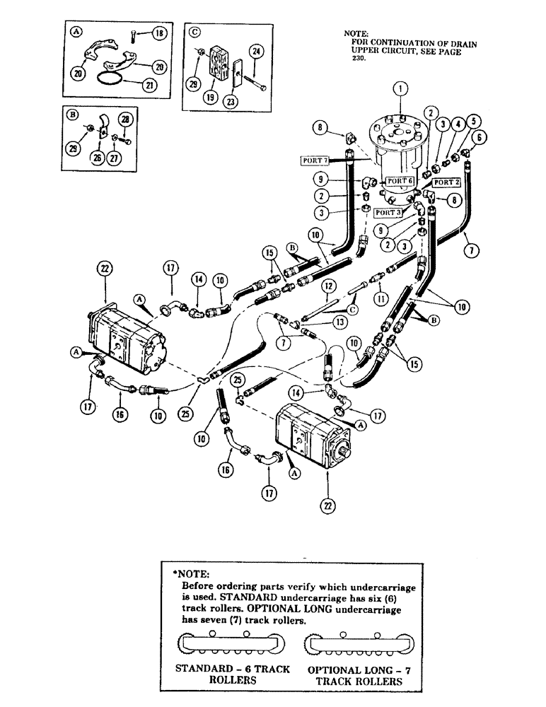 Схема запчастей Case 880B - (222) - LOWER TRACK DRIVE MOTOR AND DRAIN TUBING, * (USED ON UNITS W/OPTIONAL LONG UNDERCARRIAGE) (07) - HYDRAULIC SYSTEM