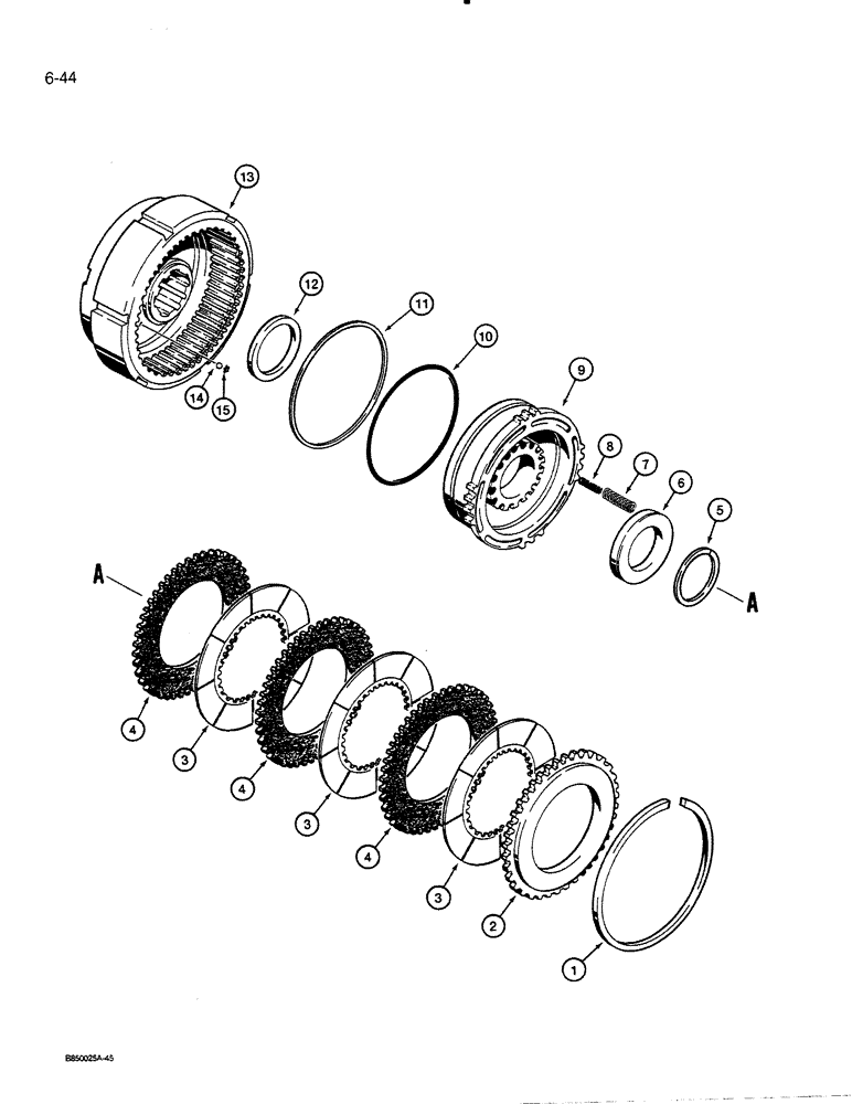 Схема запчастей Case 450C - (6-44) - TRANS. FORWARD AND REVERSE CLUTCH ASSEMBLIES, MODELS WITH WET BRAKES, P.I.N. GBE 0001501 AND AFTER (06) - POWER TRAIN