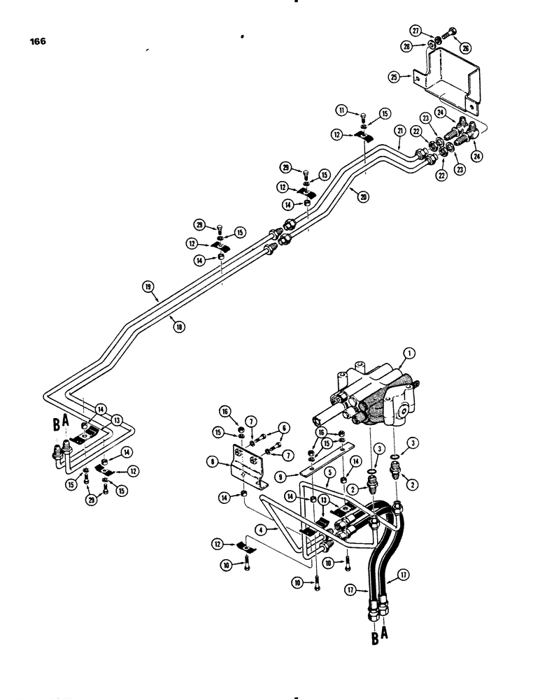 Схема запчастей Case 450B - (166) - DOZER ANGLE HYDRAULIC CIRCUIT, VALVE TO GRILLE (07) - HYDRAULIC SYSTEM