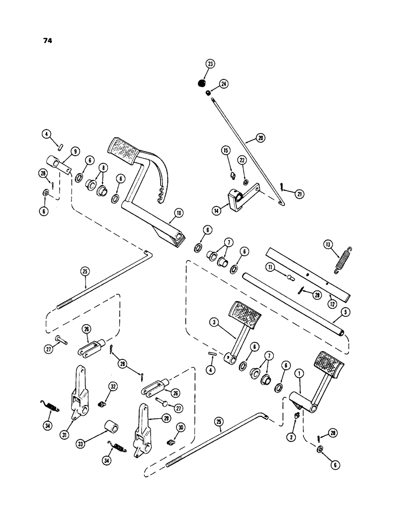 Схема запчастей Case 586 - (74) - BRAKE PEDALS AND LINKAGE, SHUTTLE TRANSMISSION (33) - BRAKES & CONTROLS