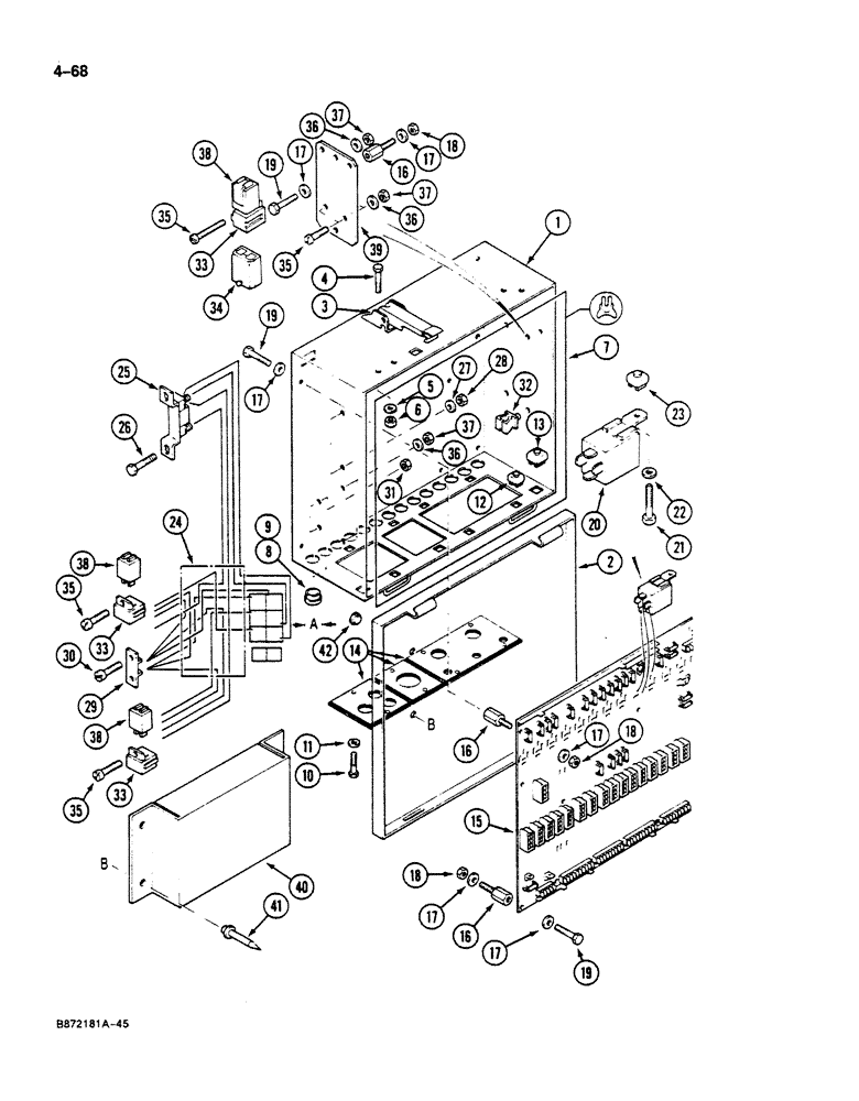 Схема запчастей Case 125B - (4-68) - ELECTRICAL BOX, P.I.N. 74880 THROUGH 74963, 21801 THROUGH 21868, 26801 AND XXXXX (04) - ELECTRICAL SYSTEMS