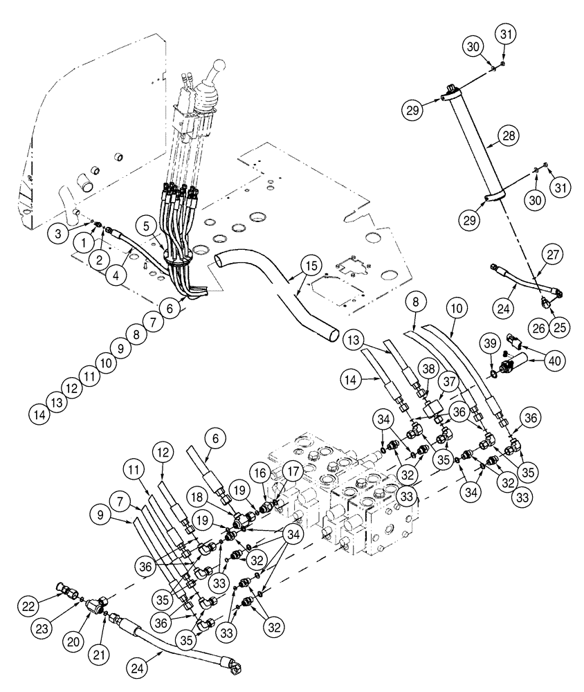 Схема запчастей Case 621D - (08-36) - HYDRAULICS - LOADER CONTROL, REMOTE, HOSE GROMMET TO FOUR SPOOL VALVE (08) - HYDRAULICS