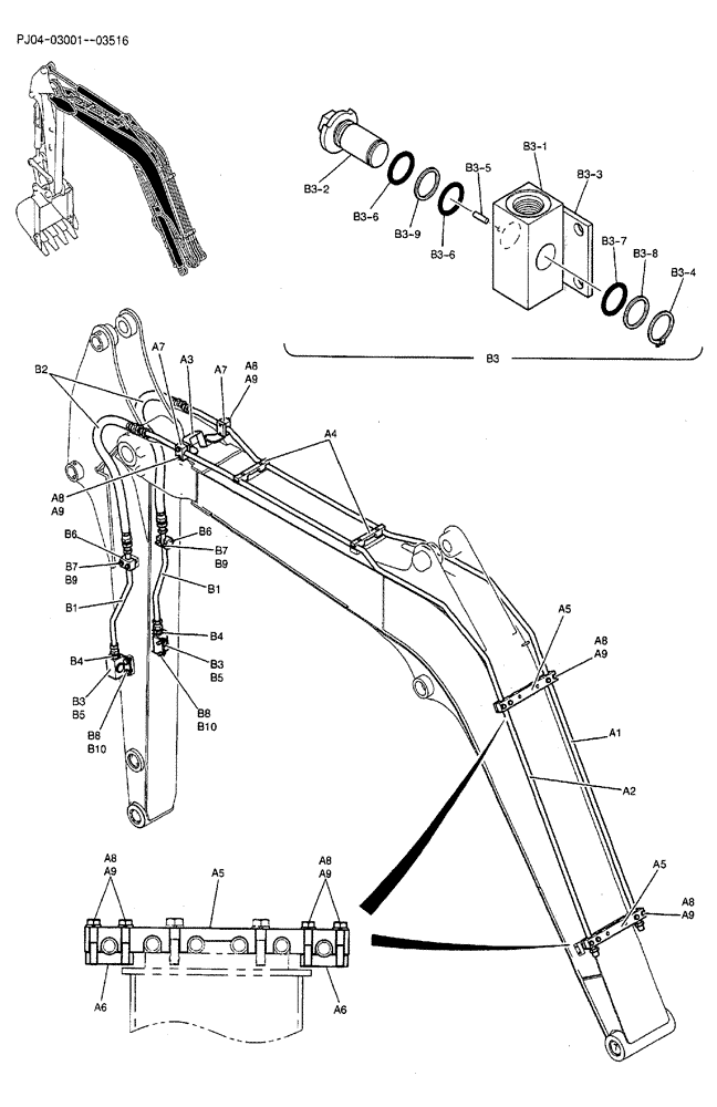 Схема запчастей Case CX50B - (04-004) - HYDRAULIC LINES, BOOM 2.79M (9FT 2IN) (NIBBLER & BREAKER) - BTW PJ04-03001 - 03516 Attachments