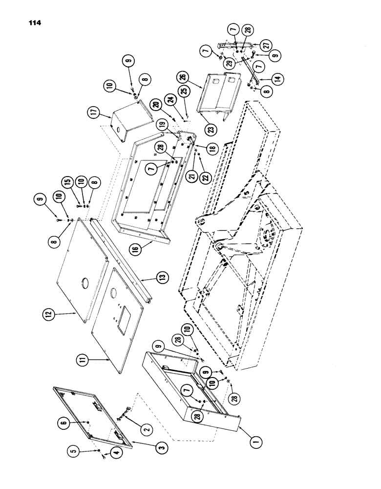 Схема запчастей Case 980B - (114) - ENGINE SHROUD (LEFT SIDE, REAR AND TOP), (USED ON UNITS PRIOR TO PIN 6204051) (05) - UPPERSTRUCTURE CHASSIS