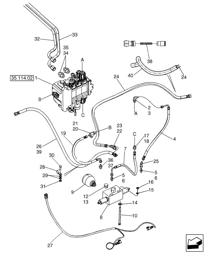 Схема запчастей Case 580SM - (35.724.08[02]) - HYDRAULICS - LOADER CLAM, AT ACCUMULATOR W/ ELECTRICAL (MODELS WITH PILOT CONTROLS) (580SM+) (35) - HYDRAULIC SYSTEMS