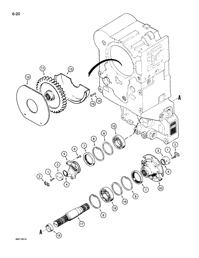 Схема запчастей Case 621 - (6-20) - TRANSMISSION ASSEMBLY, OUTPUT SHAFT AND GEAR, P.I.N. JAK0021701 THRU JAK0027511 (06) - POWER TRAIN