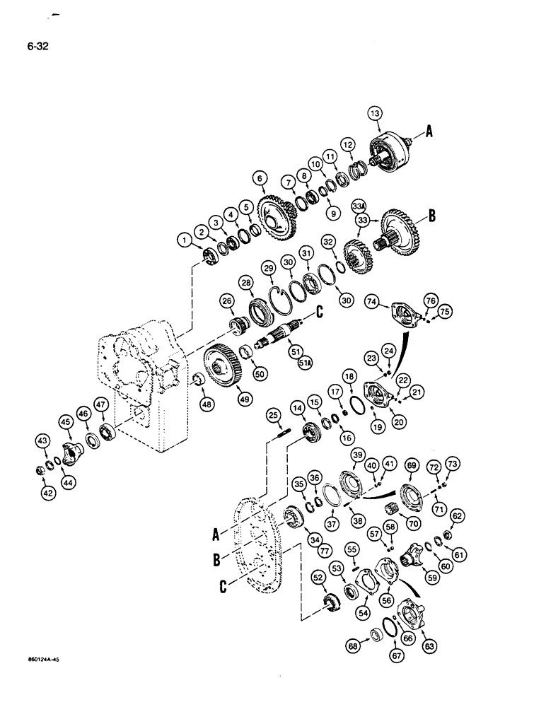 Схема запчастей Case W14B - (6-32) - TRANSMISSION, OUTPUT SHAFT, IDLER SHAFT, AND LOW GEARS (06) - POWER TRAIN