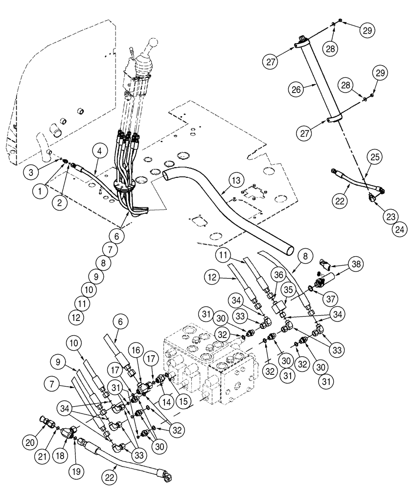 Схема запчастей Case 621D - (08-34) - HYDRAULICS - LOADER CONTROL, REMOTE, HOSE GROMMET TO THREE SPOOL VALVE (08) - HYDRAULICS