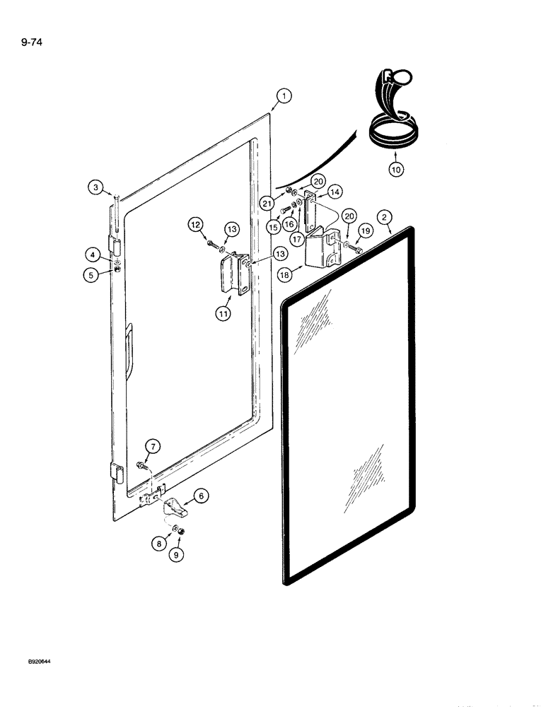 Схема запчастей Case 721 - (9-074) - RIGHT-HAND CAB WINDOW, CABS WITH PLASTIC LATCHES FOR WINDOW (09) - CHASSIS/ATTACHMENTS