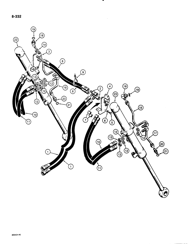 Схема запчастей Case 1455B - (8-332) - DOZER LIFT HYDRAULIC CIRCUIT, HOSES AND CYLINDERS (08) - HYDRAULICS