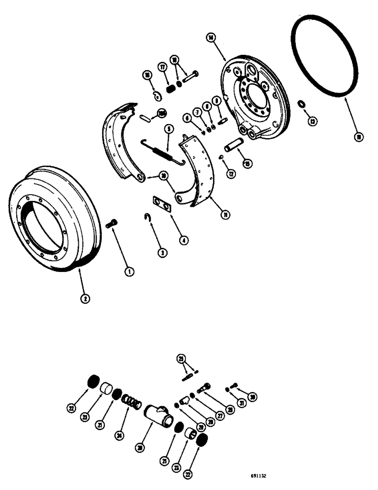 Схема запчастей Case W9E - (186) - L15393 FRONT RIGID AXLE, BRAKE DRUM AND LININGS, BRAKE WHEEL (06) - POWER TRAIN