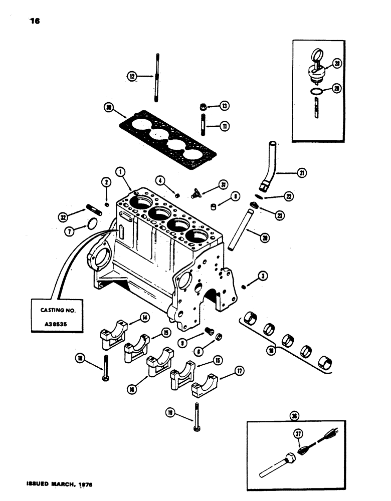 Схема запчастей Case 450 - (016) - CYLINDER BLOCK ASSEMBLY, (188) DIESEL ENGINE, WITH CYL. HEAD STUDS & W/O TACH. DRIVE BOSS (01) - ENGINE